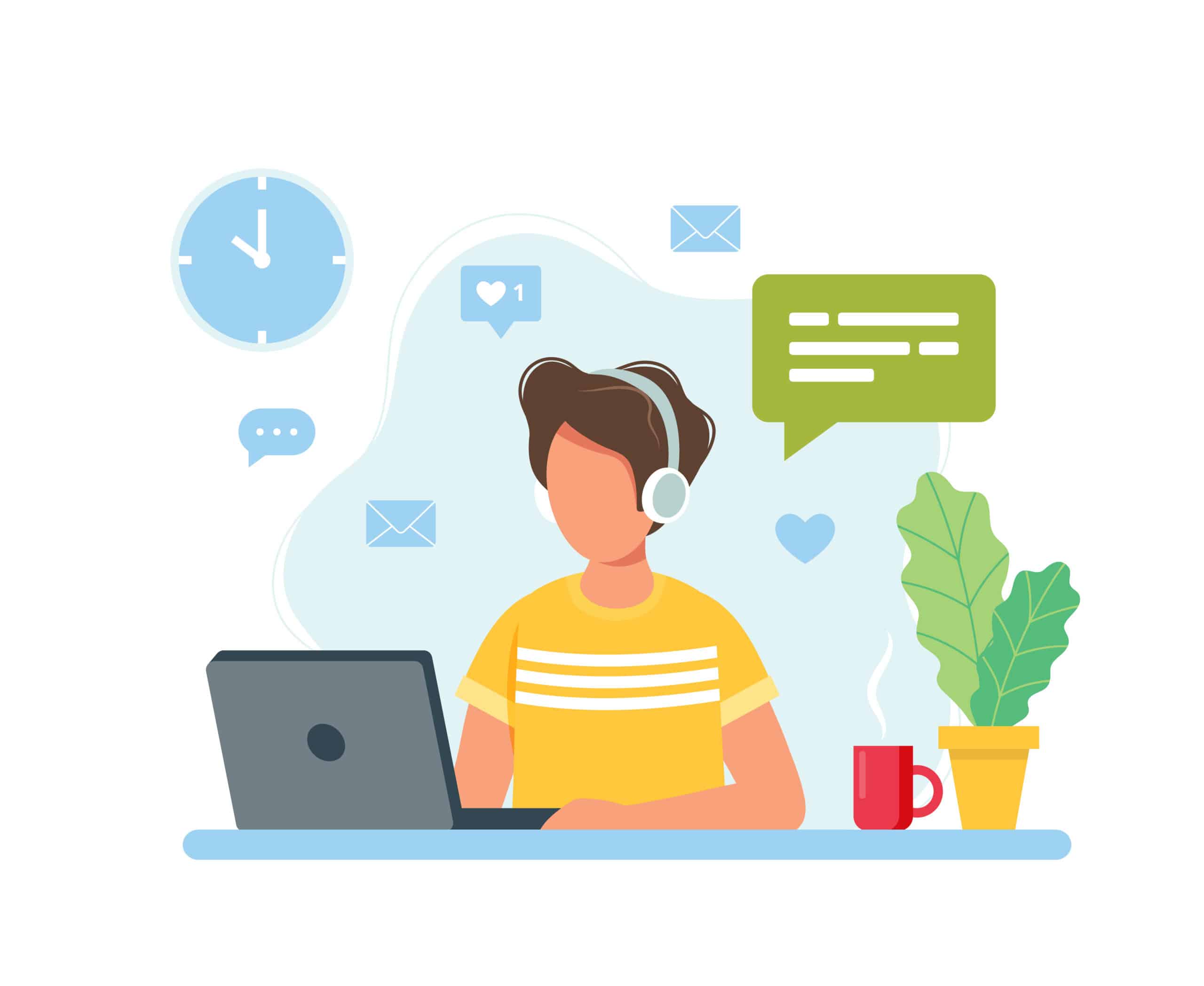 Home office concept, man working from home, student or freelancer. Cute vector illustration in flat style